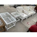 A WHITE THREE PIECE CONSERVATORY SUITE COMPLETE WITH TWO TABLES
