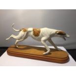 A FRENCH HAND PAINTED PORCELAIN MODEL OF A RACING GREYHOUND ON OAK PLINTH BASE, LENGTH 28 CM