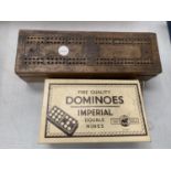 TWO VINTAGE BOXED SETS OF DOMINOES TO INCLUDE IMPERIAL DOUBLE NINES AND AWOODEN BOXED SET WITH