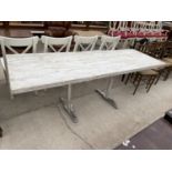 A SHABBY CHIC PAINTED TRESTLE STYLE TABLE ON PEDESTAL ALLOY BASE, 78.5X26.5"