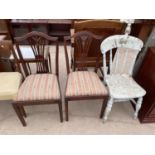 A PAIR OF REPRODUCTION DINING CHAIRS AND PAINTED BEDROOM CHAIR