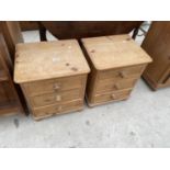 A PAIR OF MODERN PINE THREE DRAWER BEDSIDE CHESTS