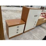 A TEAK EFFECT AND CREAM TALLBOY AND MATCHING CHEST OF THREE DRAWERS