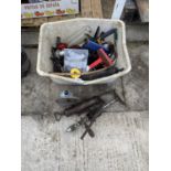 AN ASSORTMENT OF TOOLS TO INCLUDE A GREASE GUN, A BRACE DRILL AND A WEIGH SCALE ETC