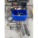 AN ASSORTMENT OF TOOLS TO INCLUDE GREASE GUNS, SAWS AND HARDWARE ETC