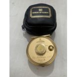 A HARDY THE SOVERIGN GOLD 5/6/7 FLY FISHING REEL IN ORIGINAL SHEEPSKIN LINED HARDY CASE. NUMBERED