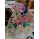 A PINK EPERENE GLASS TABLE CENTRE ORNAMENT A/F, 5 VICTORIAN BRISTOL GREEN & CRANBERRY WINE GLASSES ,