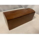 A VINTAGE TREEN MONEY/COLLECTION BOX