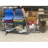 AN ASSORTMENT OF ITEMS TO INCLUDE STACKING CHAIRS, A CLOTHES RAIL AND A BARREL ETC