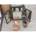 AN ASSORTMENT OF ITEMS TO INCLUDE COPPER JUGS, JELLY MOULDS AND A DRESSING TABLE MIRROR