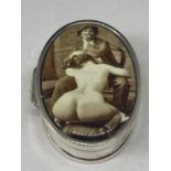 A MARKED SILVER PILL BOX WITH AN EROTIC DESIGN LID