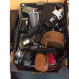 A BOX CONTAINING SOME CAMERAS AND FURTHER ITEMS