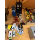 VARIOUS ITEMS TO INCLUDE DR WHO POLICE BOXES, DIE CAST VEHICLES,TRANSFORMER ETC