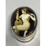 A MARKED SILVER PILL BOX WITH AN ENAMEL EROTIC DESIGN TOP