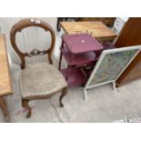 A VICTORIAN WALNUT DINING CHAIR, FIRESCREEN, STOOL AND TELEPHONE TABLE