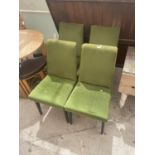 FOUR MID 20TH CENTURY DINING CHAIRS WITH GREEN UPHOLSTERED AND BLACK PAINTED LEGS