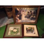 THREE FRAMED PICTURES TO INCLUDE A BRIDAL SCENE, A TAPESTRY AND A BOX 3D FLORAL PICTURE