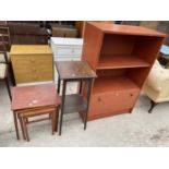 A NEST OF THREE TABLES, OAK JARDIINIER STAND AND MODERN BOOKCASE