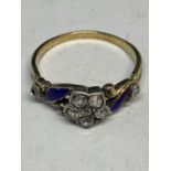 AN ANTIQUE GOLD FIVE STONE DIAMOND FLOWER CLUSTER RING WITH ROYAL BLUE ENAMAL SIZE Q (BELIEVED 200