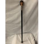 A WALKING STICK WITH A STEAMPUNK STYLE SKULL HEAD HANDLE