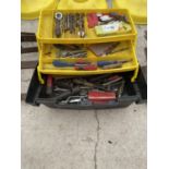 A PLASTIC TOOL BOX TO INCLUDE A LARGE QUANTITY OF TOOLS INCLUDING SPANNERS, DRILL BITS AND SCREW