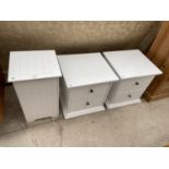 A PAIR OF MODERN WHITE BEDSIDE CHESTS AND SIMILAR LINEN BOX