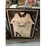 A FRAMED AND SIGNED SALE SHARKS SHIRT AND A SIGNED RUGBY BALL