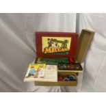 A BOXED VINTAGE MECANNO SET AND A BOX CONTAINING NUMEROUS MECANNO PARTS