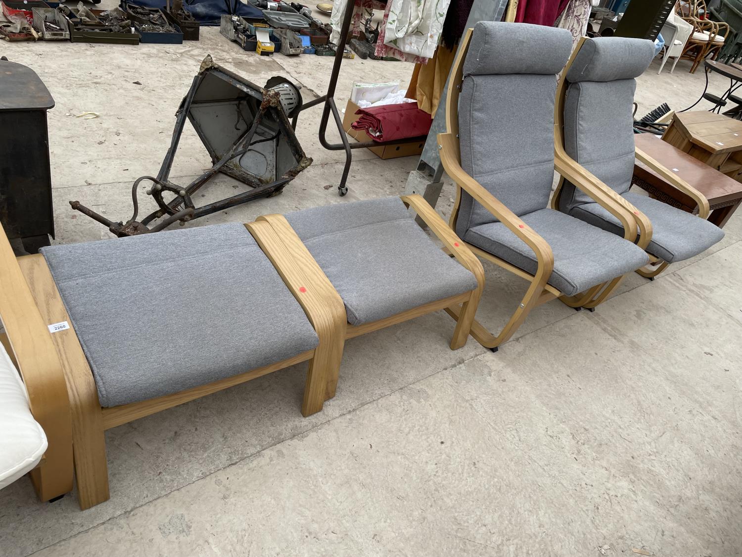 A PAIR OF IKEA BENTWOOD FIRESIDE CHAIRS WITH STOOLS