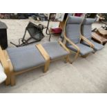 A PAIR OF IKEA BENTWOOD FIRESIDE CHAIRS WITH STOOLS