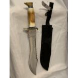 A LARGE BOWIE KNIFE AND SHEATH 31CM BLADE