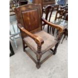 AN 18TH CENTURY STYLE BEECH CARVER CHAIR ON TURNED FRONT LEGS AND SUPPORTS