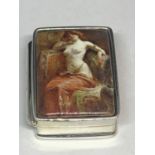 A MARKED SILVER PILL BOX WITH AN ENAMEL EROTIC DESIGN TOP