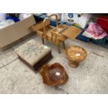 AN ASSORTMENT OF ITEMS TO INCLUDE A WOODEN SEWING BOX, AN EMBROIDED STOOL AND TWO TREEN BOWLS