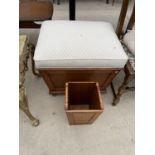 A VICTORIAN OAK FRAMED STOOL OF TAPERING FORM WITH LIFT-UP LID FOR STORAGE AND MODERN PAPER BIN OF