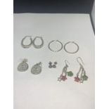 FIVE PAIRS OF SILVER EARRINGS TO INCLUDE DANGLE, HOOP AND STUD