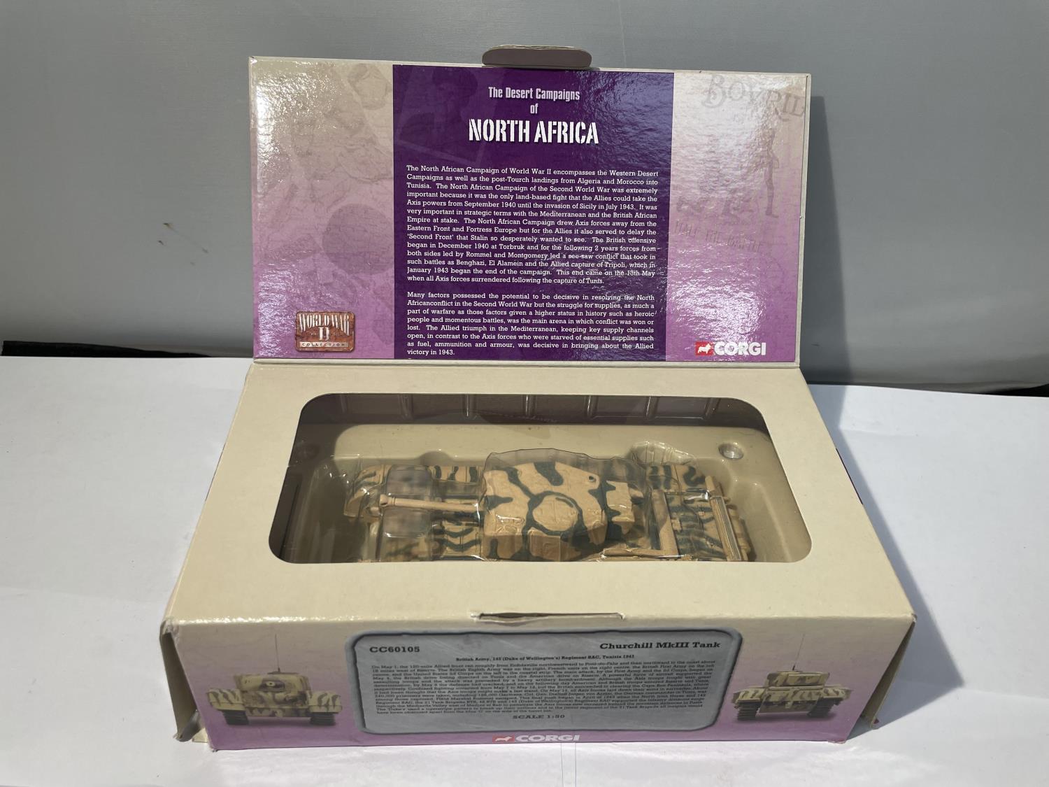 A BOXED CORGI MODEL CHURCHILL TANK FROM THE DESERT CAMPAIGNS OF NORTH AFRICA RANGE - NUMBER CC60105 - Image 2 of 4