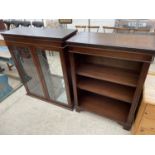 A REPRODUCTION OPEN MAHOGANY BOOKCASE AND TWO DOOR MAHOGANY GLAZED BOOKCASE TOP