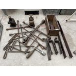 AN ASSORTMENT OF TOOLS TO INCLUDE SPANNERS, BOTTLE JACKS AND HINGES ETC