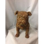 A WOOD EFFECT RESIN STAFFORDSHIRE BULL DOG 45CM HIGH