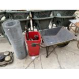 A VINTAGE METAL WHEEL BARROW, A ROLL OF WIRE MESH AND A COLLECTION OF TOOLS