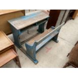 A 19TH CENTURY BLUE PAINTED DOUBLE CHILDS DESK/SEAT, 34.5" WIDE