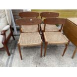 FOUR RETRO TEAK WICKER SEATED DINING CHAIRS