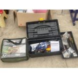 AN ASSORTMENT OF ITEMS TO INCLUDE A GARDEN SWING SEAT COVER, TOOL BOX AND VARIOUS TOOLS ETC