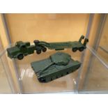 THREE UNBOXED DINKY MODEL MILITARY VEHICLES - A CENTURIAN TANK AND A TANK TRANSPORTER