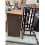 A PAIR OF WOODEN WHARFEDALE SPEAKERS AND SPEAKER STANDS