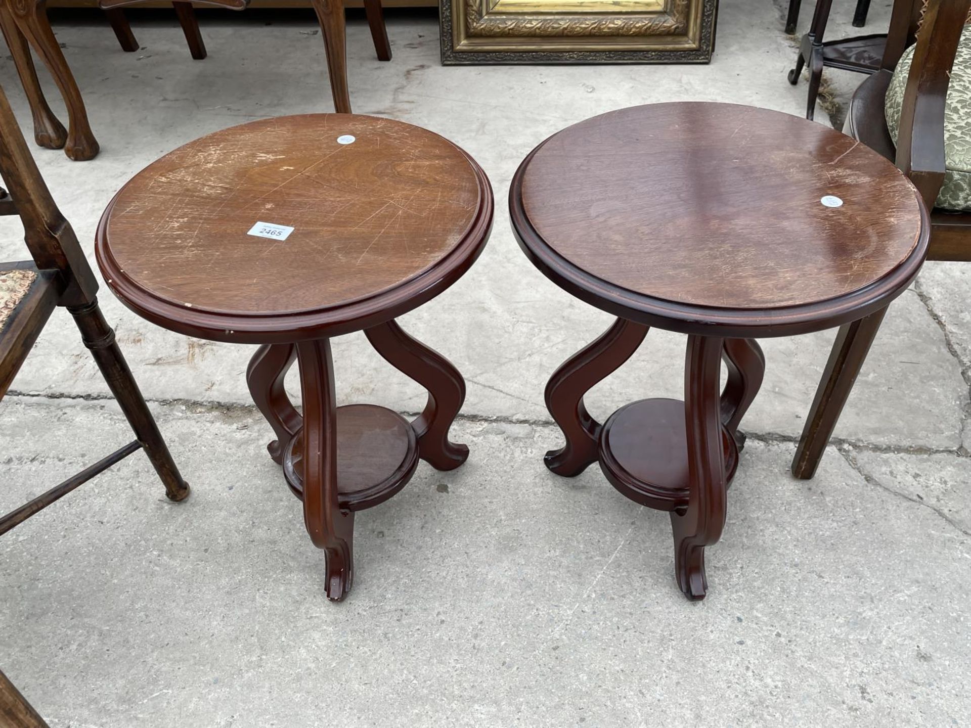 A PAIR OF MODERN TWO TIER LAMP TABLES, 16" DIAMETER