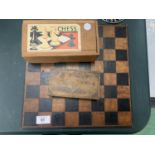 A VINTAGE WOODEN CHESS BOARD WITH A SET OF STAUNTON STYLE CHESS PIECES IN ORIGINAL BOX AND A FURTHER