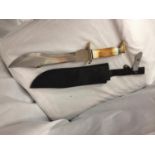 A LARGE BOWIE KNIFE AND SHEATH 31CM BLADE