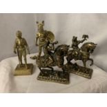 A COLLECTION OF FOUR BRASS ORNAMENTS, TWO OF MEDIEVAL RIDERS, ONE KNIGHT AND ONE WARRIOR